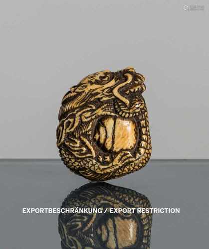 Netsuke eines sich um eine Perle windenden Drachens aus Elfenbein