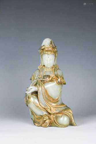 A Gilt Hetian Jade Carved Guanyin