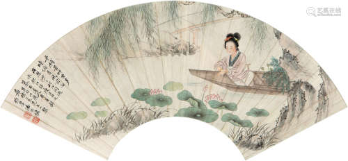1852～1921 潘振镛 采莲图 扇片 设色纸本