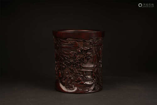 CARVED ROSEWOOD BRUSHPOT QING STYLE