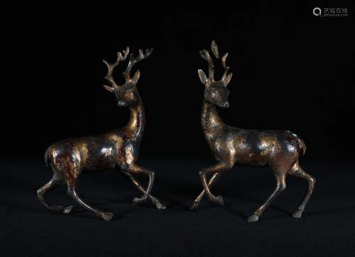 PAIR BRONZE GILT REPOUSSÉ DEER TIBETAN STYLE