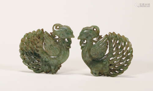 Qing Dynasty - Pair of Jadeite Phoenix