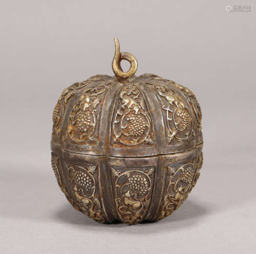 Tang Dynasty - Silver Gilt Patterned Box with Cover