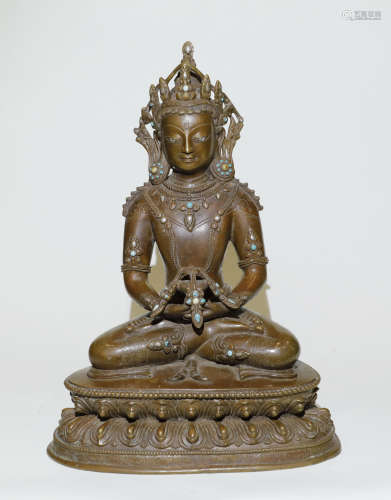 Qing Dynasty -Bronze with Gem Buddha Statue