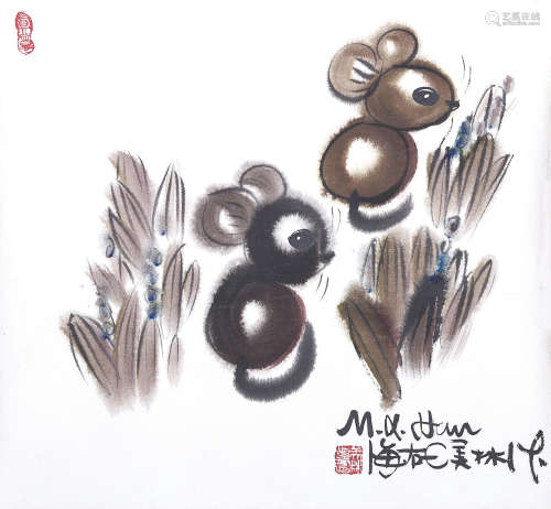 韓美林 動物鼠 設色紙本 鏡片