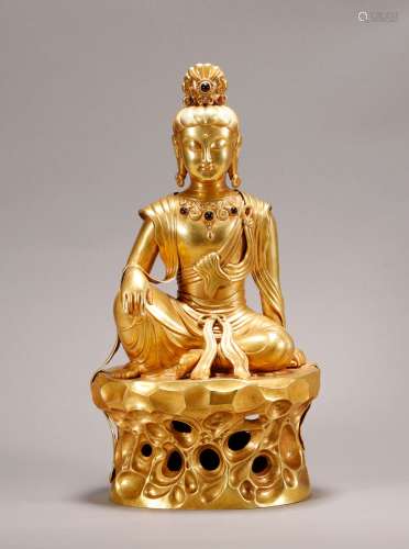 Yuan Dynasty-Pure Gold and Gem Avalokitesvara Statue