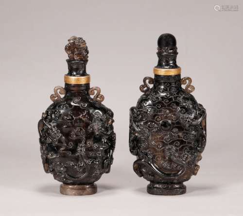 Qing Dynasty-Pair of Dragon Pattern Smoky Quartz Vase