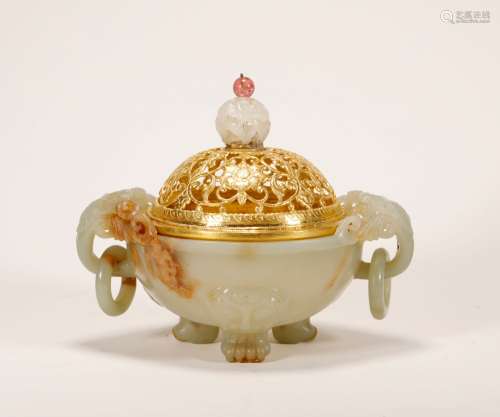 Qing Dynasty - Hetian Jade with Silver Gilt Censer