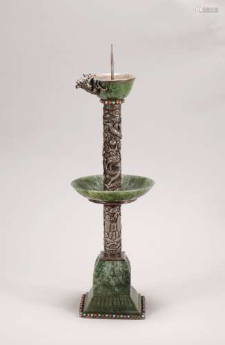 Qing Dynasty-Jasper and Silver on Bronze Candle Stand