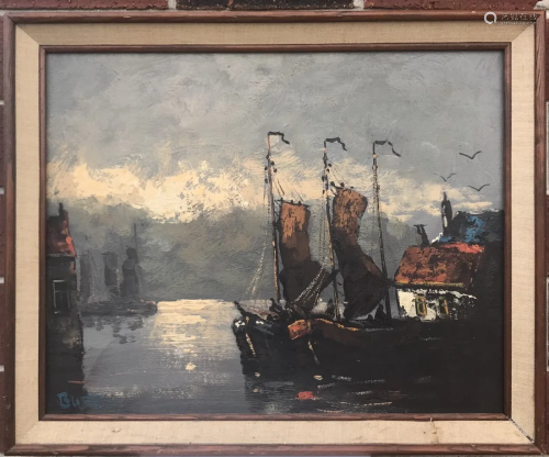 Burgy: Oil Painting of Harbor & Ships