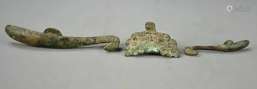 Three Chinese Bronze Belt Hooks