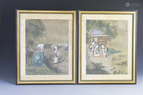 Pair of Chinese Framed Water Color Figures