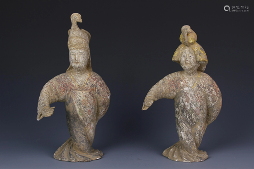 Two Chinese Tang Dynasty Musician Figures