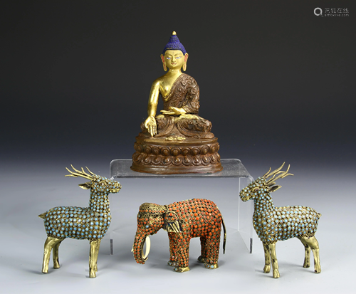 Chinese Gilt Buddha and Three Cloisonne Pieces