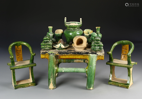 Chinese Green Glazed Table And Chairs