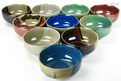 Set 10 Hand Painted Japanese Stoneware Bowls