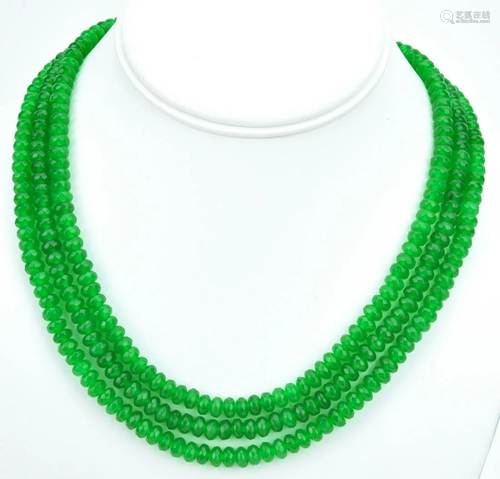 Triple Strand Carved Rondelle Jade Bead Neckl…