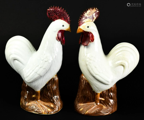 Pair Antique Chinese Porcelain Roosters