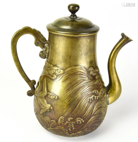 Asian Bronze Tea Pot Embossed Nature Scene