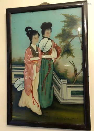 Framed Japanese Reverse Painted 2 Women