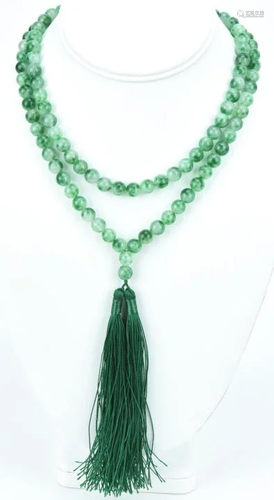 Hand Knotted Green & White Jade Tassel Pendant