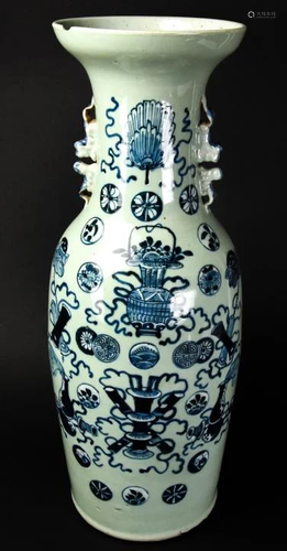 Large Asian Ceramic Blue & White Glaze Vase