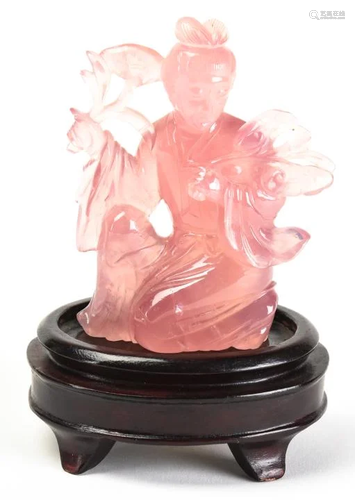 Asian Rose Crystal Carved Figure of Woman …