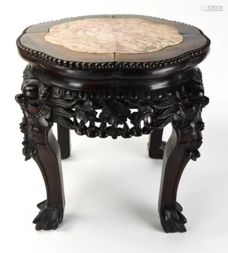 Asian Hand Carved Marble Inlaid Plant Stand
