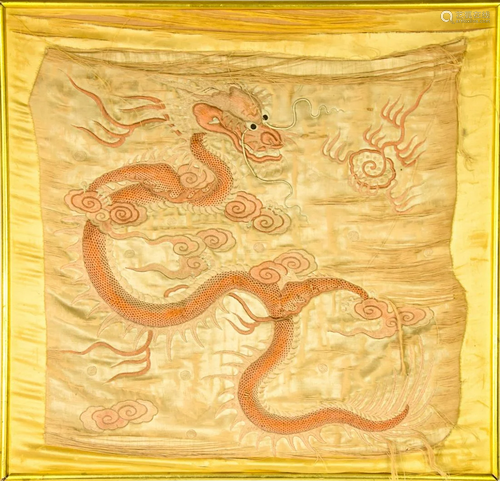 Framed Chinese Silk Embroidered Dragon Panel