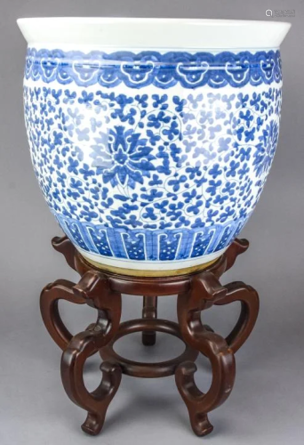 Asian Blue & White Sunflower Porcelain Planter