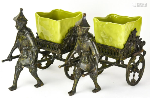 Pair Bronze Tone Porcelain Pulled Rickshaw …