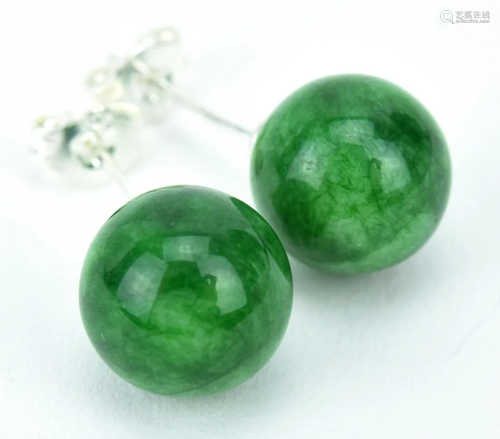 Pair of Sterling Silver & Green Jade Earrings