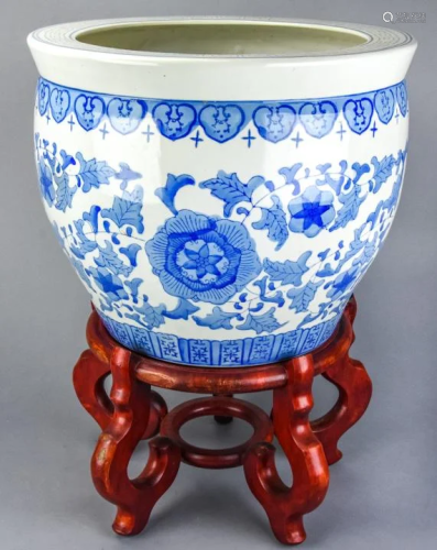 Asian Blue & White Floral Porcelain Planter