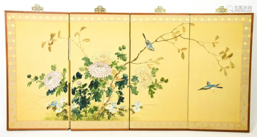 Asian Hand Painted On Silk Four Panel Screen