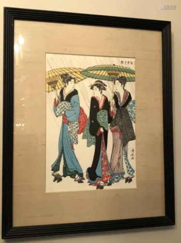 Framed Japanese Woodblock of 3 Women
