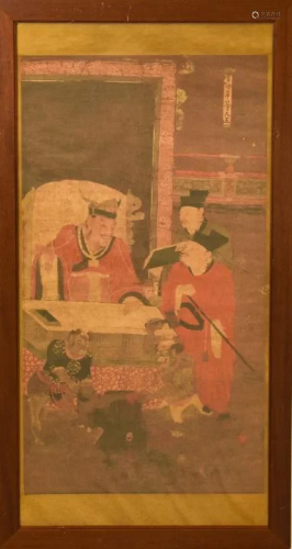 Antique Asian Court Scene Watercolor Painting