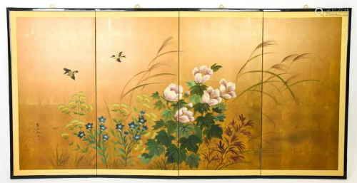 Asian Hand Painted On Silk Four Panel Screen