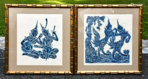 Pair Framed Thai Goddess Wood Block Prints