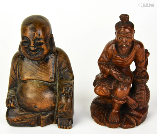 Chinese Carved Wood Buddha & Seated Fi…