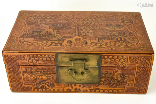 Asian Brown Lacquer Hand Painted Document Box