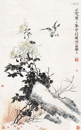 陈子奋（1898～1976） 菊石鸟欢 镜心 设色纸本