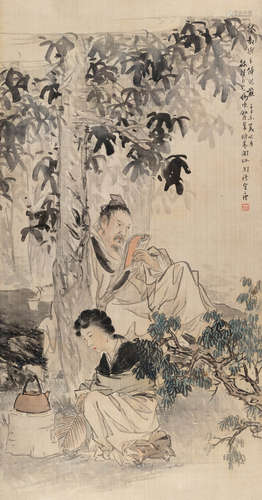 郭梁（1894～1936） 桐荫品茶 镜片 设色绢本