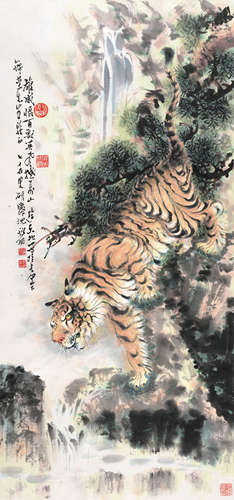 沈锡纯（1910～2008） 雄威英风 立轴（原装裱） 设色纸本