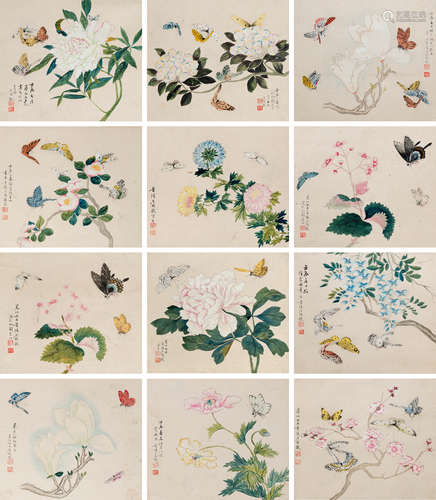 左锡璇（1821～1851） 蝶恋花 （四屏） 立轴（原装裱） 设色纸本