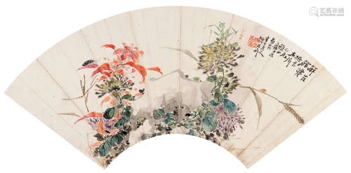 陈半丁（1876～1970） 三秋图 扇片 设色纸本