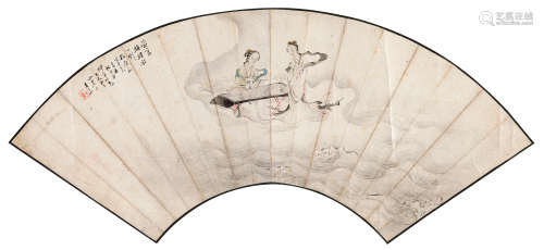 王素（1794～1877） 双美图 扇片 设色纸本