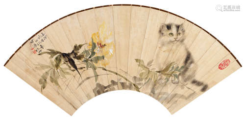 黄小松（1744～1802） 猫趣 扇片 设色纸本