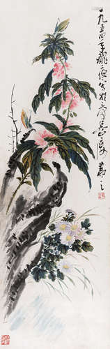 吴茀之（1900～1977） 草虫花卉 立轴 设色纸本