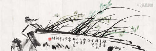 胡润芝（1928～2005） 兰石小雀 镜心 设色纸本