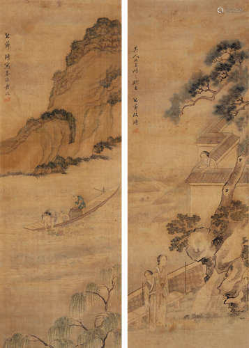 改琦（1773～1828） 人物 立轴双屏 设色绢本